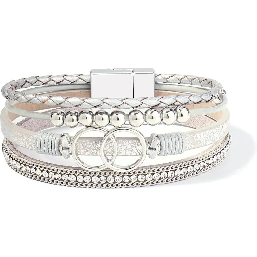 Women's Silver Boho Leather Wrap Stackable Infinity Chunky Cuff Western Bracelet